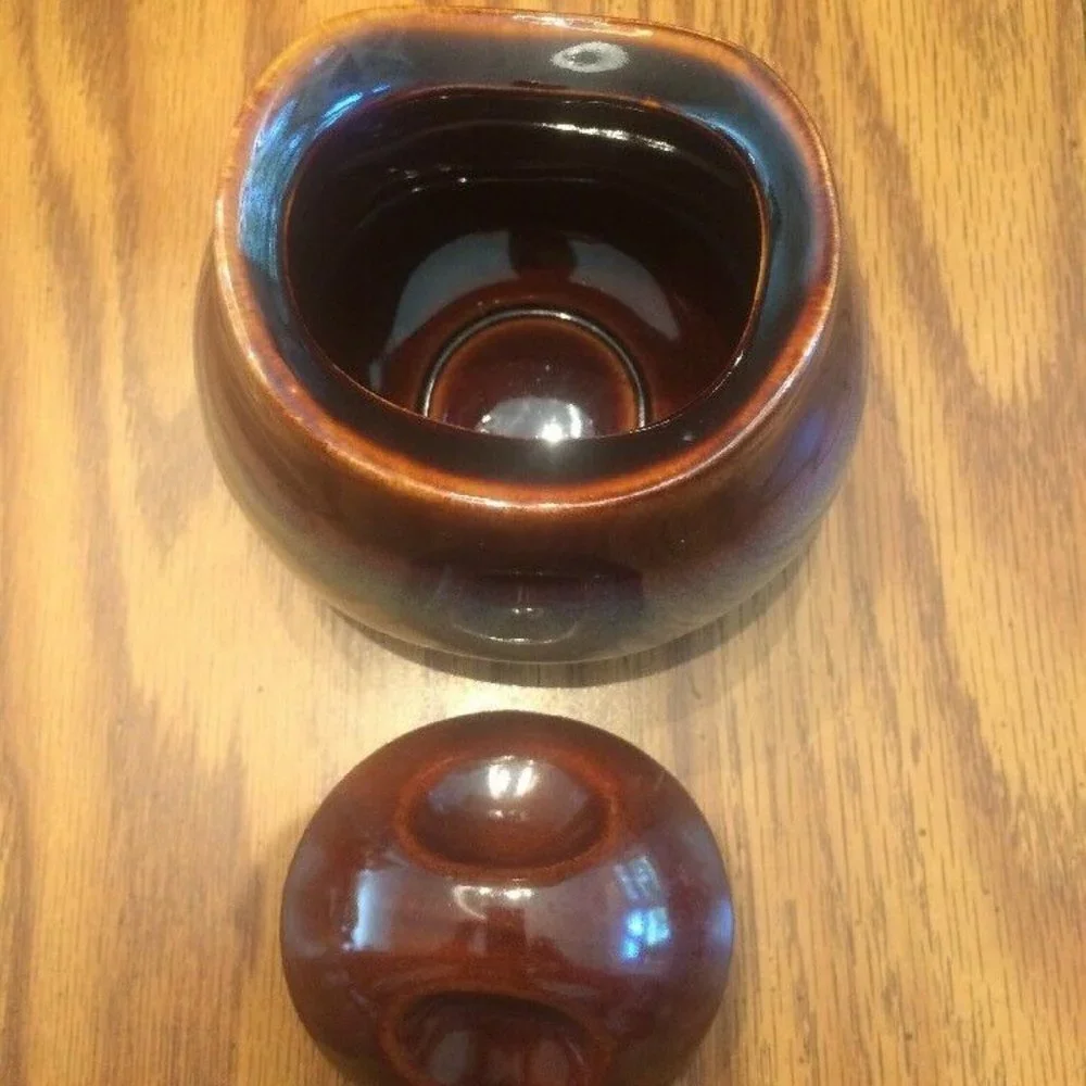 VTG Studio Pottery Glazed Creamer & Sugar Bowl Lid Brown Purple Beige Set Earthy